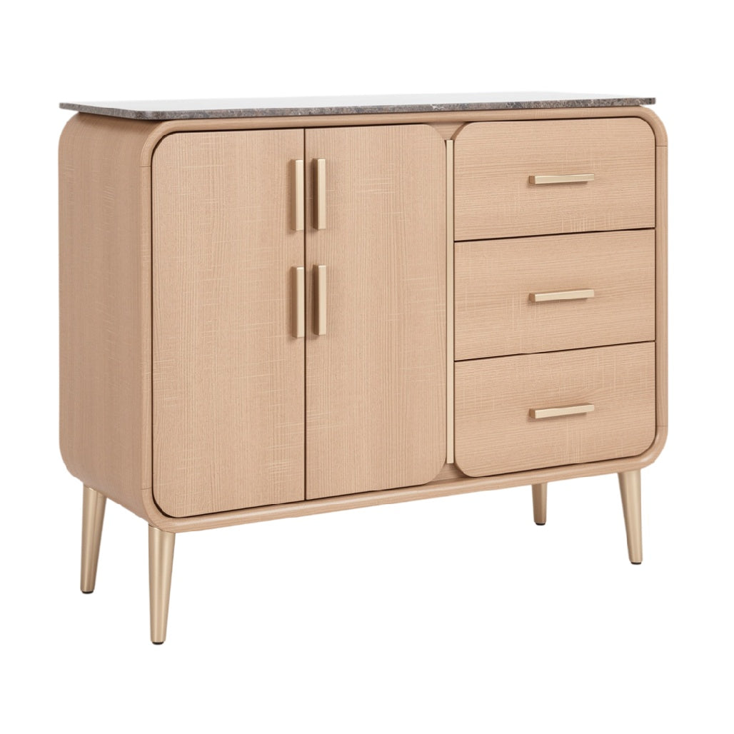 Technische titel in het Nederlands: **Moderne houten kast met marmeren blad en zachte lijnen**